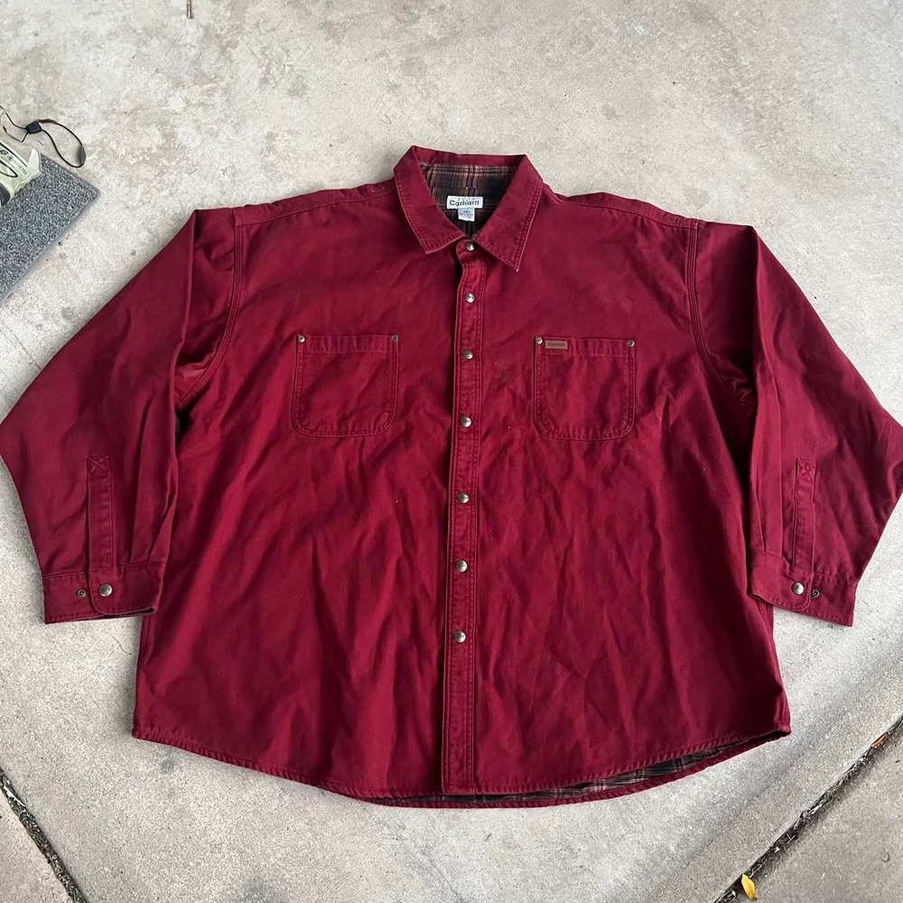 1990s Carhartt Crimson Red Flannel Lined Snap Button up Shirt size 4XL